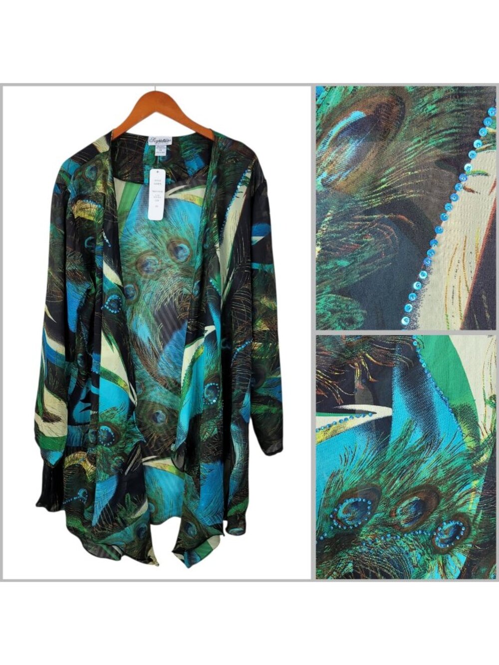 NEW Plus Size 2X Mesh Jacket Open Front Lightweight Sequin Peacock Long Feather